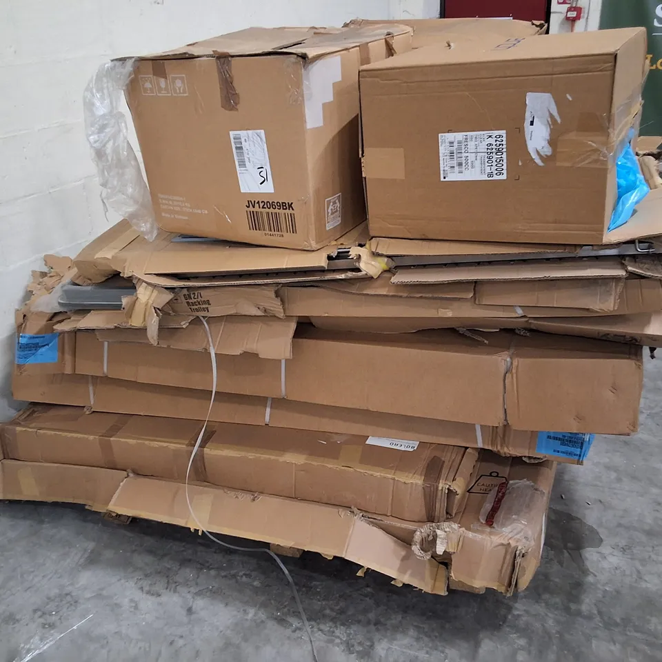 PALLET CONTAINING ASSORTED NISBIT PRODUCTS & PARTS INCLUDING RACKING TROLLEY & ROUND FOLDING TABLE