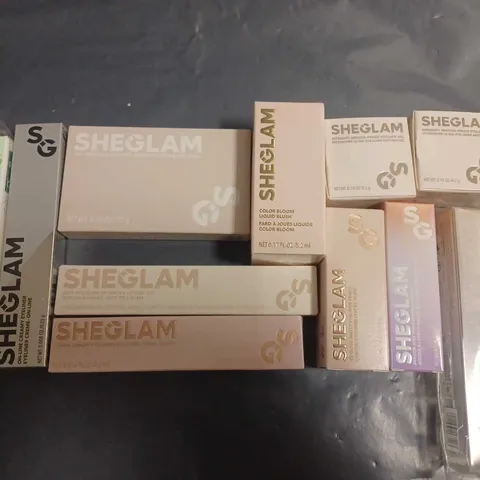 LOT OF 11 ASSORTED SHEGLAM BEAUTY ITEMS TO INCLUDE LIP LINER, LIQUID BLUSH AND FACE PALETTE