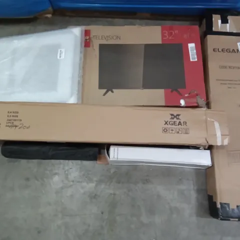 PALLET OF ASSORTED ITEMS INCLUDING ELEGANT, RADIATOR COVER, RCA TELEVISION 32" TV, XGEAR HARD ARM LUMBAR SUPPORT CAMPING CHAIR, HOME 21 GALLON AUTOMATIC TRASH CAN, GETFIT