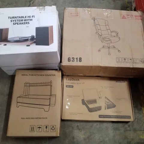 PALLET CONTAINING ASSORTED PRODUCTS INCLUDING OFFICE CHAIRS, LAPDESK, DISH DRYING RACK & TURNTABLE SYSTEM WITH SPEAKERS