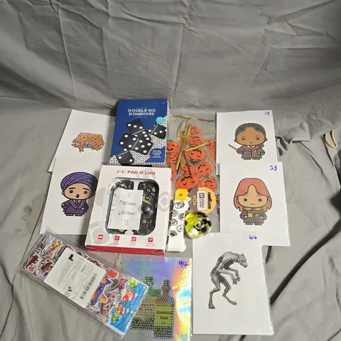 TOTE OF APPROX 10 ASSORTED TOYS AND GAMES TO INCLUDE DOMINO'S, DIAMOND PAINTINGS AND HALLOWEEN DECORATIONS