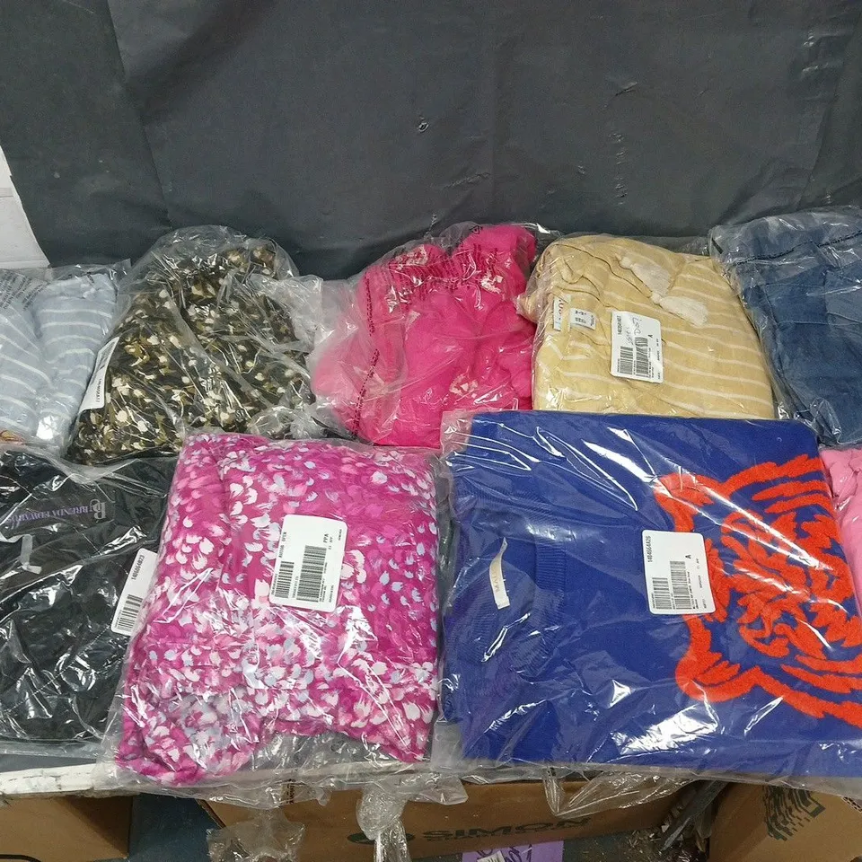 BOX OF APPROXIMATELY 10 ASSORTED PIECES OF CLOTHING IN VARIOUS STYLES, SIZES, AND BRANDS 