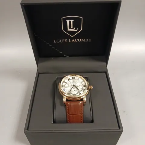 MENS LOUIS LACOMBE CHRONOGRAPH WATCH β MULTI FUNCTION DIAL WITH DATE β ROMAN NUMERAL DIAL β LEATHER STRAP