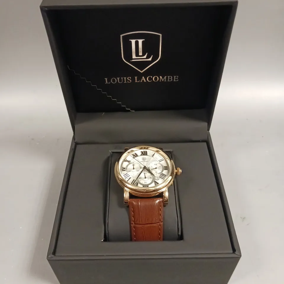 MENS LOUIS LACOMBE CHRONOGRAPH WATCH – MULTI FUNCTION DIAL WITH DATE – ROMAN NUMERAL DIAL – LEATHER STRAP