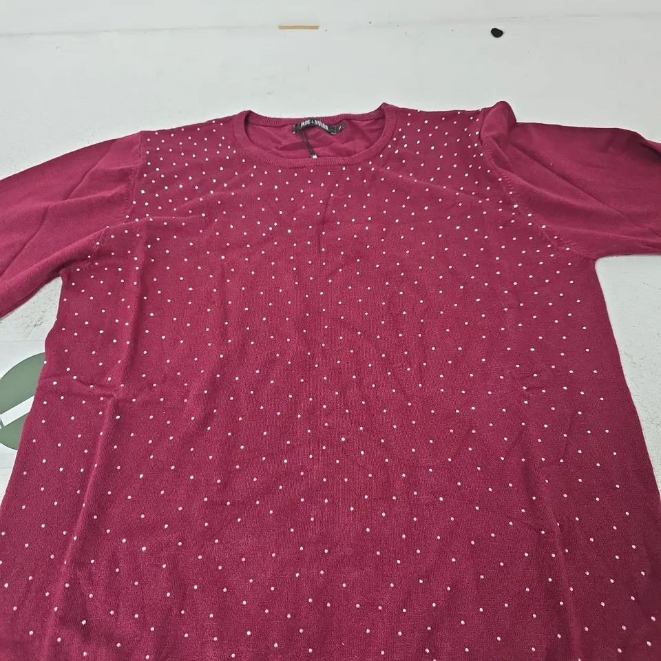 PURE & NATURAL LADIES CREW NECK JUMPER WITH ALL-OVER STRASS – BURGUNDY, UK 14