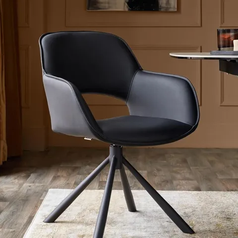 BOXED SET OF 2 DANETTI MARLOW SWIVEL BLACK METAL DINING CHAIRS BLACK DUROSOFT TOUCH FAUX LEATHER