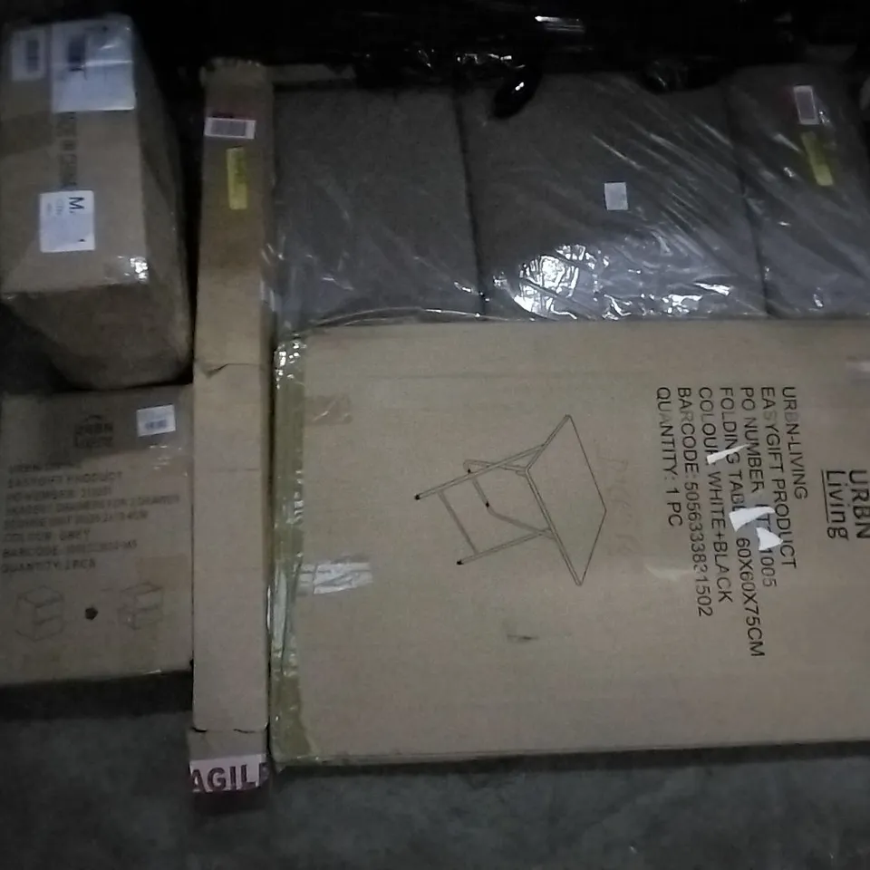 PALLET OF ASSORTED ITEMS INCLUDING GARDEN ARMCHAIR CUSHION, URBN LIVING FOLDING TABLE, URBN LIVING SKAGEN 2 DRAWERS FOR 2 DRAWERS, BEDSTORY WEIGHTED BLANKET, DECOSOL SHORT BLINDS