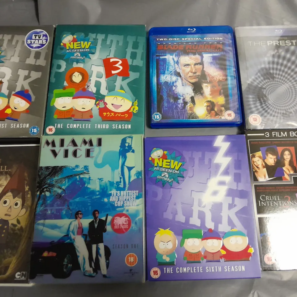 LOT OF 16 ASSORTED MEDIA ITEMS TO INCLUDE SOUTH PARK BOXSETS, THE PRESTIGE BLUE-RAY AND INDIANA JONES COMPLETE ADVENTURES