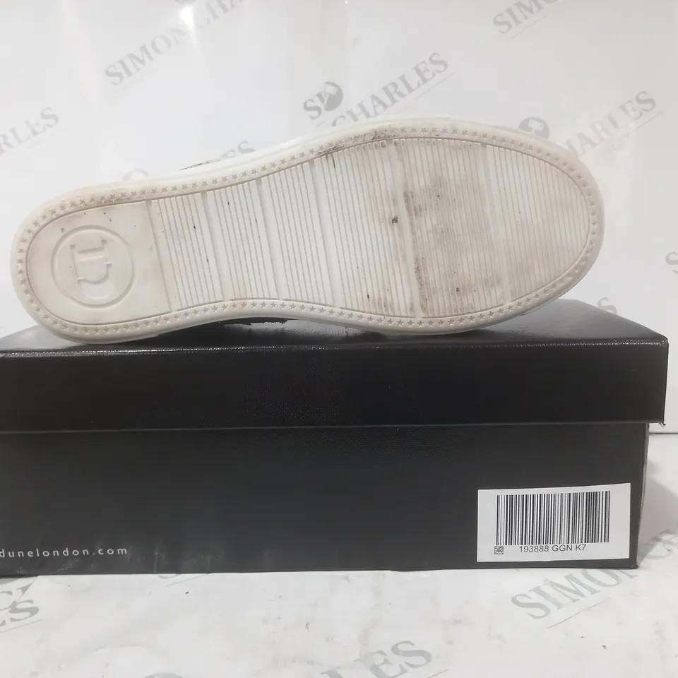 BOXED PAIR OF DUNE LONDON ENERGISED LIGHTNING BOLT TRAINERS IN GOLD/WHITE/PINK SIZE 7