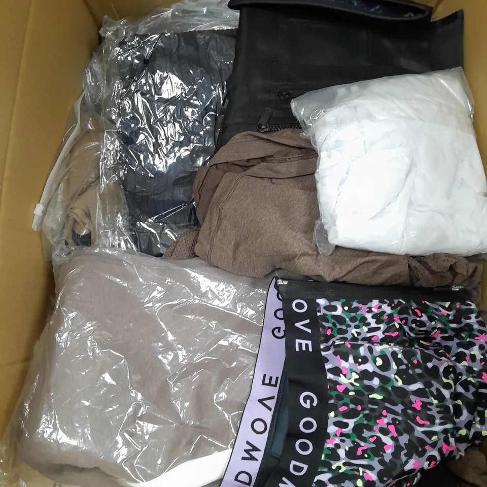 BOX OF APPROXIMATELY 20 CLOTHING ITEMS TO INCLUDE PINK BRA, NOBODYS CHILD DRESS, BLUE SHIRT ETC
