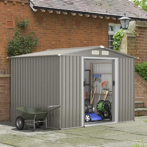 BOXED COSTWAY OUTDOOR METAL GARDEN SHED 9.74 M³ GALVANISED STEEL WITH FOUNDATION, DOUBLE DOORS AND RAMP 260 X 207 X 181 CM - LIGHT GREY (3 BOXES)