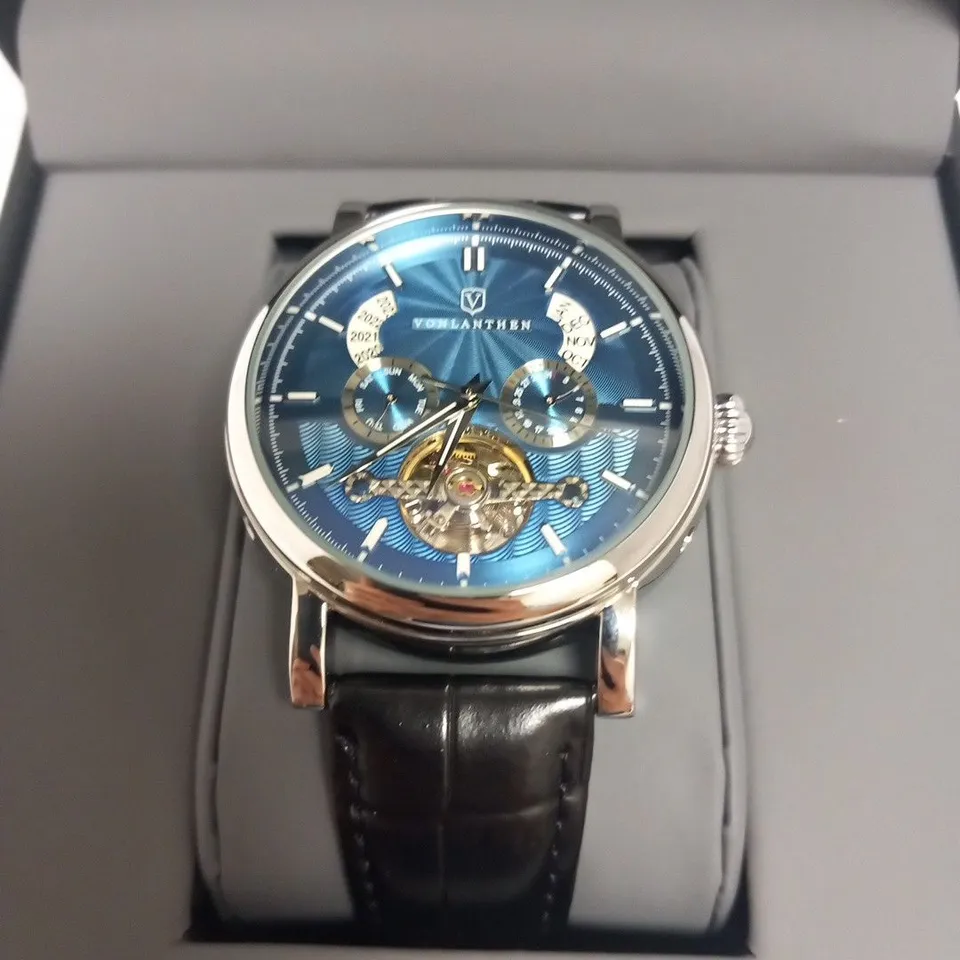MENS VONLANTHEN AUTOMATIC WATCH – DATE YEAR SUB DIAL COMPLICATIONS – OPEN HEART MOVEMENT – GLASS EXHIBITION BACKCASE – BLACK LEATHER STRAP 