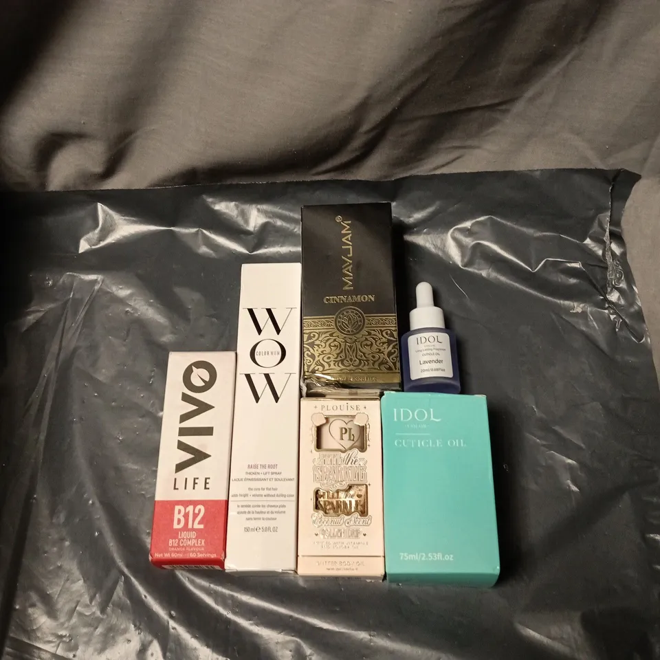 APPROXIMATELY 20 ASSORTED COSMETIC ITEMS INCLUDING VIVO LIFE B12 LIQUID COMPLEX, WOW COLOR THICKEN AND LIFT SPRAY, CUTICLE OIL, PLOUISE COCONUT SCENT GOLDEN DRIP ETC
