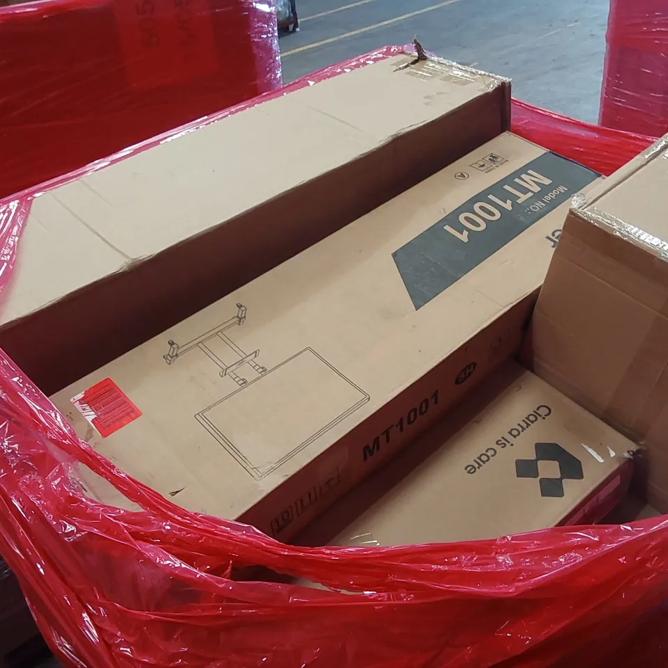 PALLET OF ASSORTED HOUSEHOLD GOODS AND PRODUCTS TO INCLUDE; TV STAND, COOKER HOOD, BOXED FURNITURE ETC