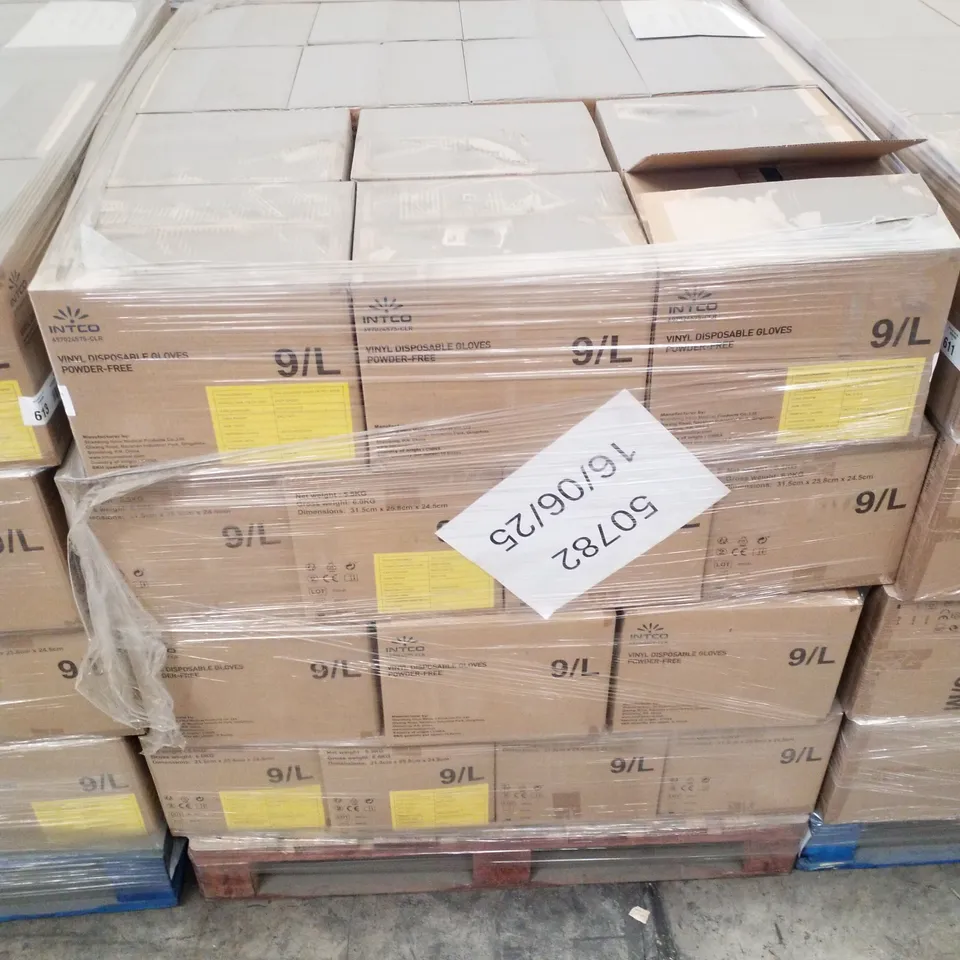 PALLET OF APPROXIMATELY 56 INTCO VINYL DISPOSABLE GLOVES 100PK BOXES - LARGE