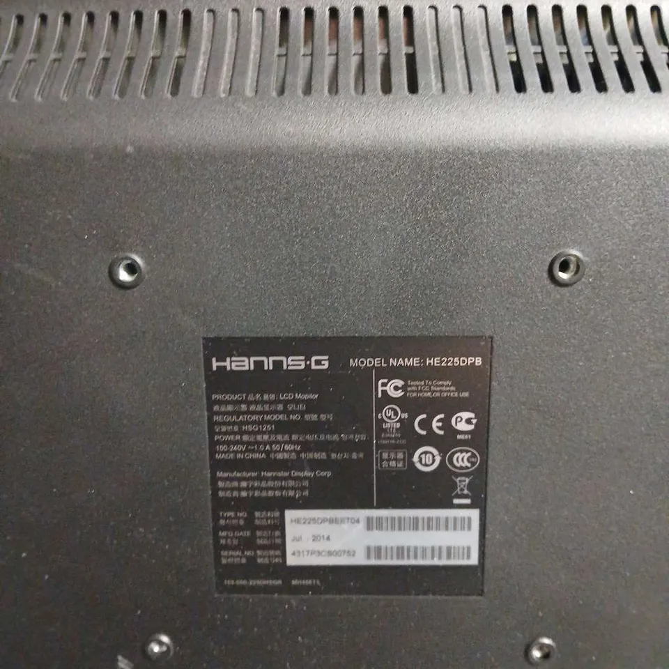 HANNS.G HE225DPB LCD MONITOR WITH NO STAND OR POWER CABLE .