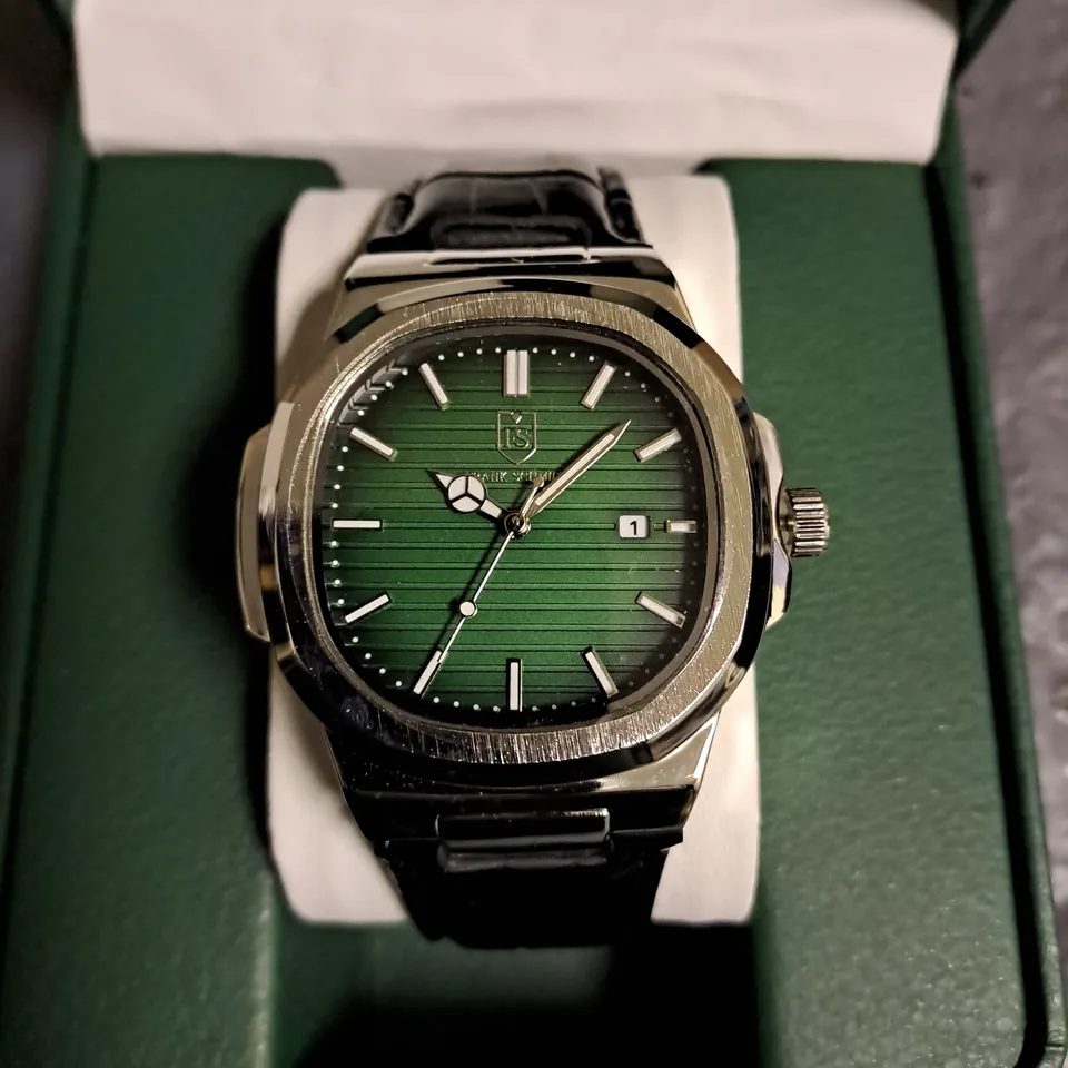 FRANK SCHMIDT GREEN DIAL GENTS WATCH WITH STAINLESS STEEL BACKCASE AND BLACK LEATHER STRAP IN GIFT BOX