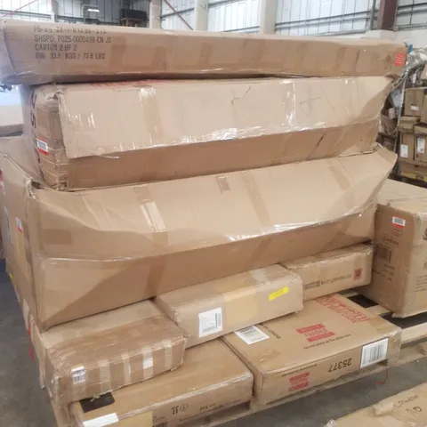 PALLET OF ASSORTED GOODS AND PRODUCTS TO INCLUDE; LIMED OAK COMBI WARDROBE, UPHOLSTERED BED FRAME AND TUFFED HEADBOARD 