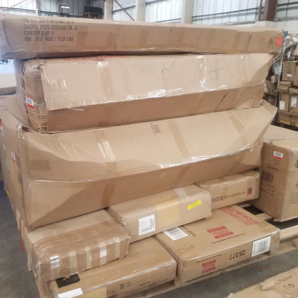 PALLET OF ASSORTED GOODS AND PRODUCTS TO INCLUDE; LIMED OAK COMBI WARDROBE, UPHOLSTERED BED FRAME AND TUFFED HEADBOARD 
