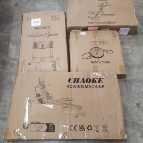 PALLET CONTAINING ASSORTED PRODUCTS INCLUDING ROWING MACHINE, TELESCOPIC LADDER, MULTI-FUNCTIONAL BENCH & HALF BALANCE BALL