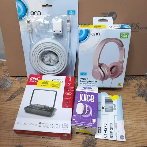 LARGE QUANTITY OF ASSORTED ELECTRICALS TO INCLUDE; ONN WIRED HEADPHONES, JUICE MICRO USB, ONE FOR ALL AERIAL