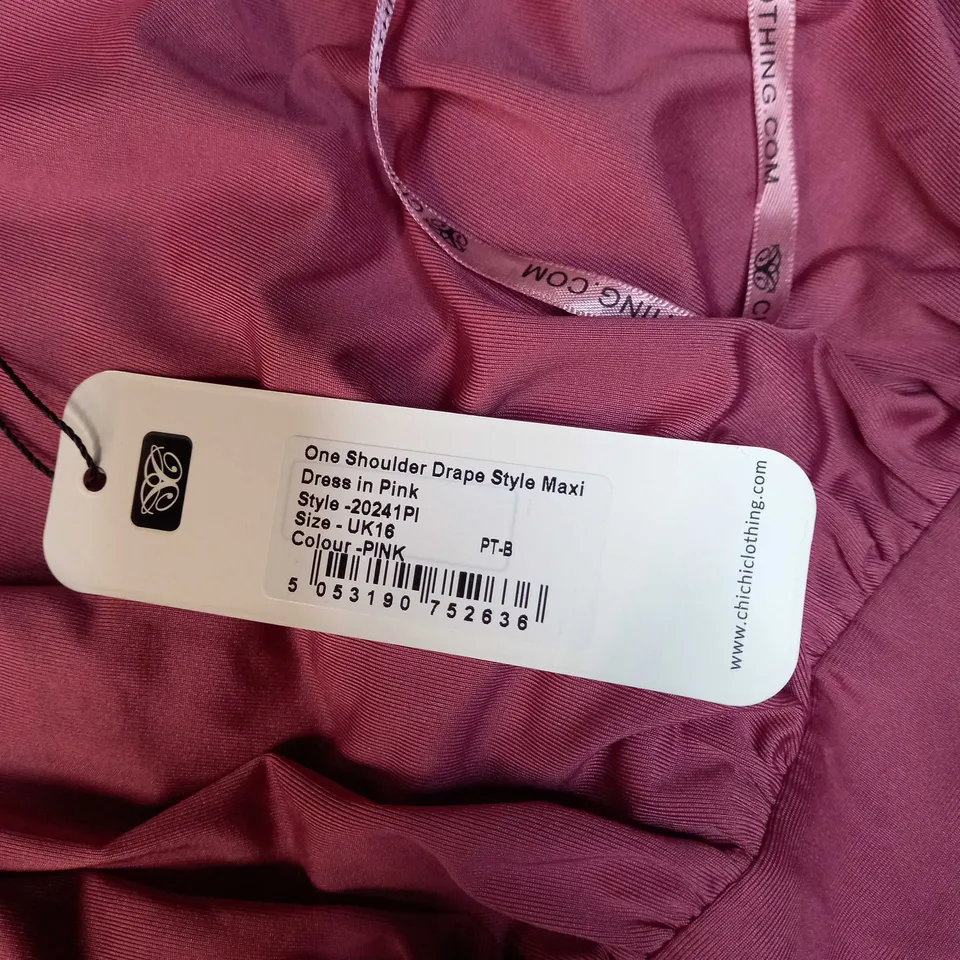 CHICHI PINK ONE SHOULDER DRAPE STYLE MAXI DRESS - SIZE 16
