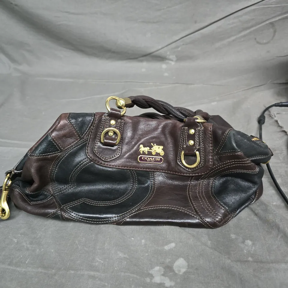 COACH LEATHER HANDBAG – BROWN & FOREST GREEN WITH GOLD HARDWARE 
