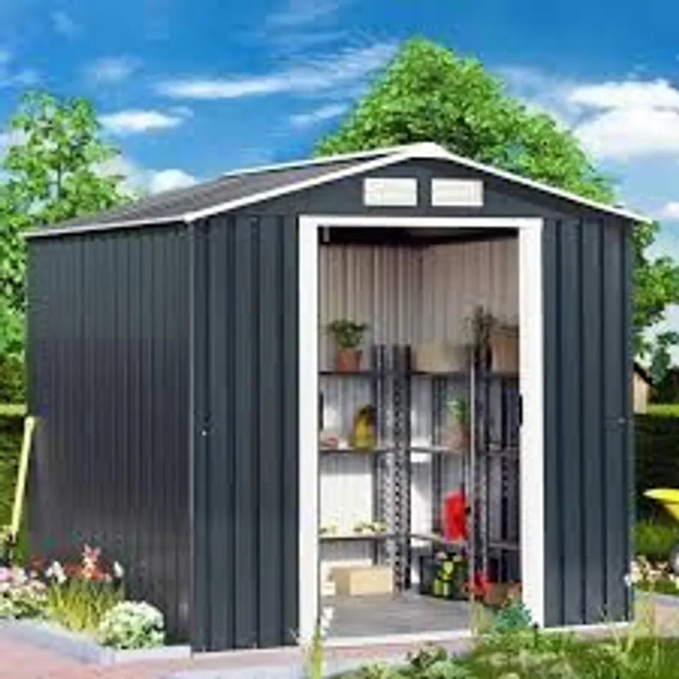 BOXED PRO-TECT 7×4 APEX METAL SHED WITH FOUNDATION GRID – GREY (2 BOXES)