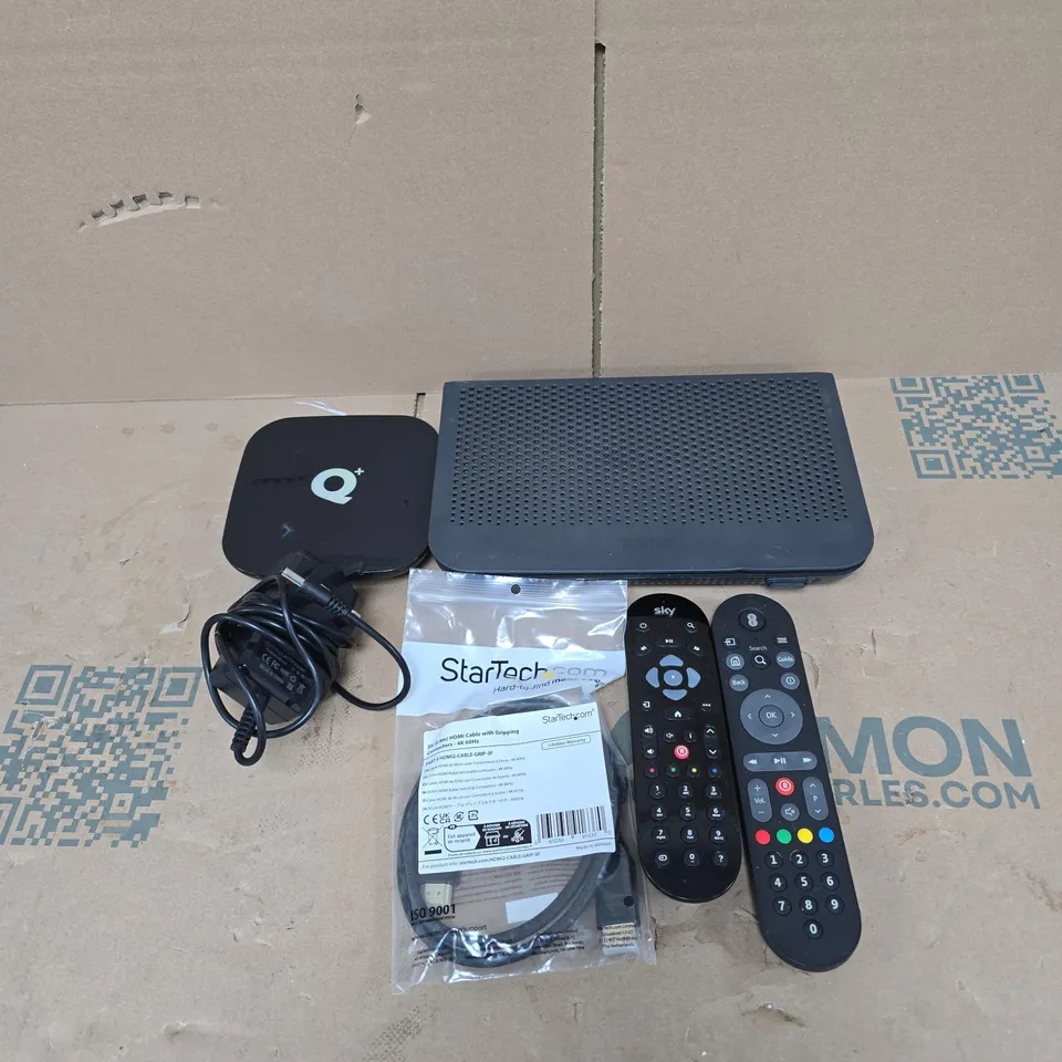 TOTE OF APPROXIMATELY 15 ASSORTED HOUSEHOLD ITEMS TO INCLUDE ROUTER, Q+ TV BOX, REMOTE CONTROLS, POWER SUPPLIES ETC