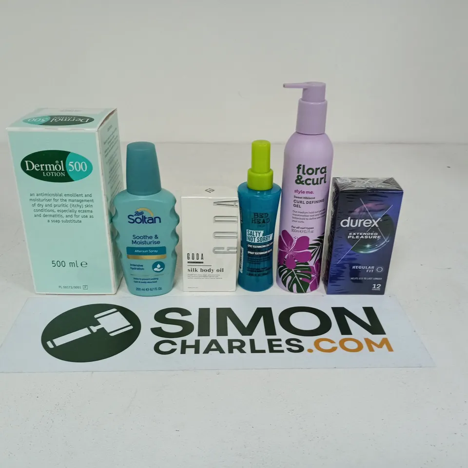 APPROXIMATEY 20 ASSORTED HEALTH AND BEAUTY PRODUCTS TO INCLUDE - DERMOL 500 LOTION - SOLTAN AFTERSUN SPRAY AND DUREX EXTENDED PLEASURE CONDOMS