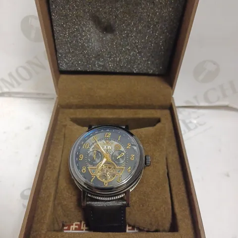 BOXED EARNSHAW WATCH - AUTOMATIC - STAINLESS STEEL CASE - LEATHER STRAP - SKELETON FACE - WATER RESISTANT 5 ATM.