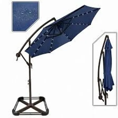 BOXED GARVEE 300cm CANTILEVER GARDEN PARASOL WITH BASE 40 SOLAR LED LIGHTS UPF 50 PLUS UV PROTECTION WATERPROOF CANOPY - NAVY BLUE (1 BOX)