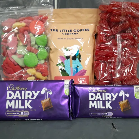 APPROXIMATELY 10 ASSORTED FOOD/DRINK PRODUCTS TO INCLUDE DAIRY MILK CHOCOLATE, BAG OF ASSORTED SWEETS, COFFEE BEANS, ETC