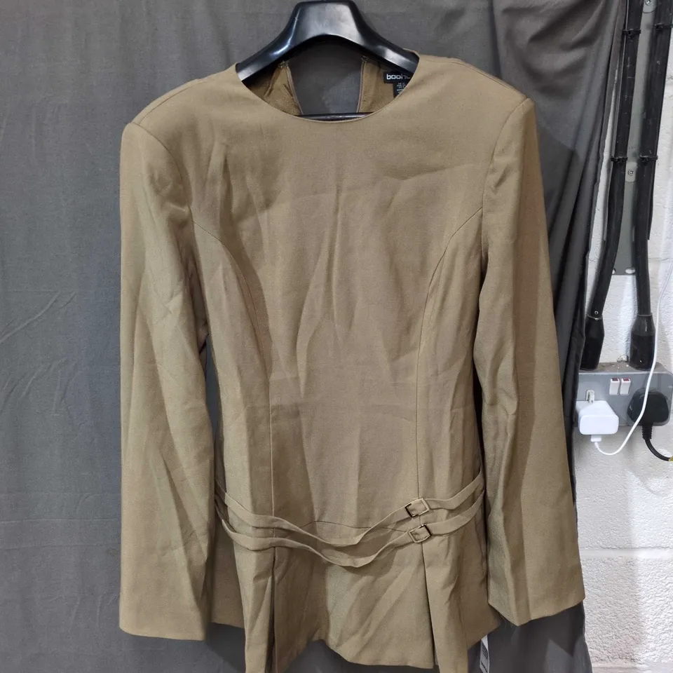BOOHOO WOMEN’S BELTED KHAKI BEIGE TUNIC TOP – UK 10 (EU 38, US 6)