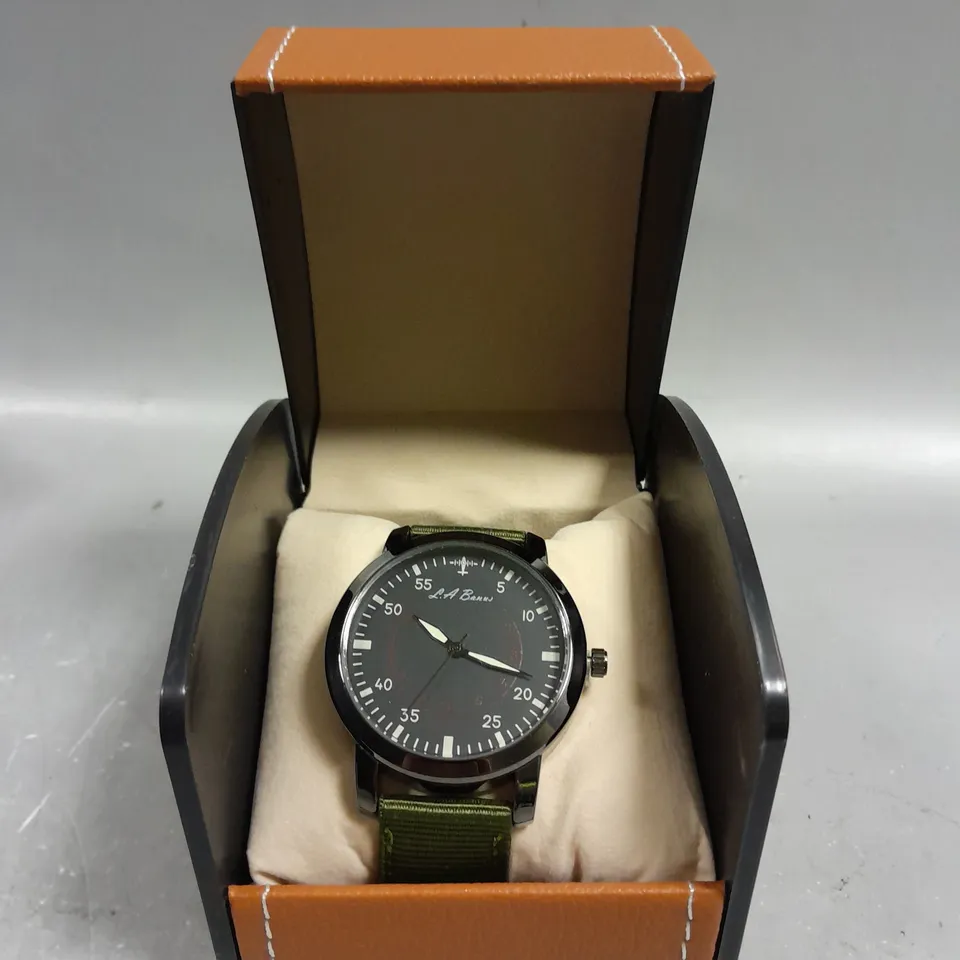 LA BANUS BLACK DIAL GREEN FABRIC STRAP WATCH 