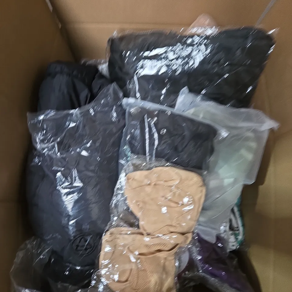 LARGE BOX OF ASSORTED CLOTHING ITEMS IN VARIOUS SIZES, STYLES AND COLOUR 