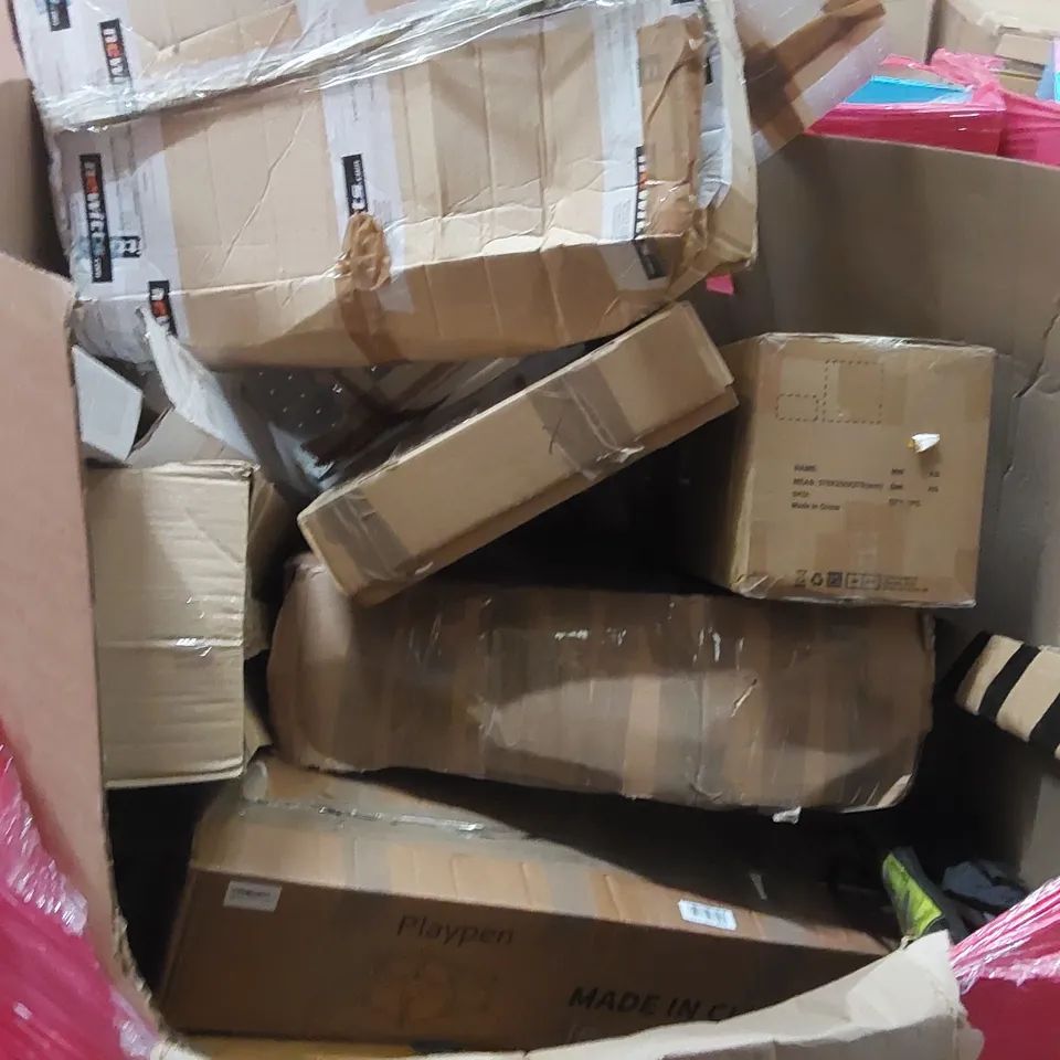 PALLET OF ASSORTED ITEMS INCLUDING: PLAY PENS, OFFICE CHAIR, ELECTRIC BARBECUE GRILL, BABY WALKER ECT