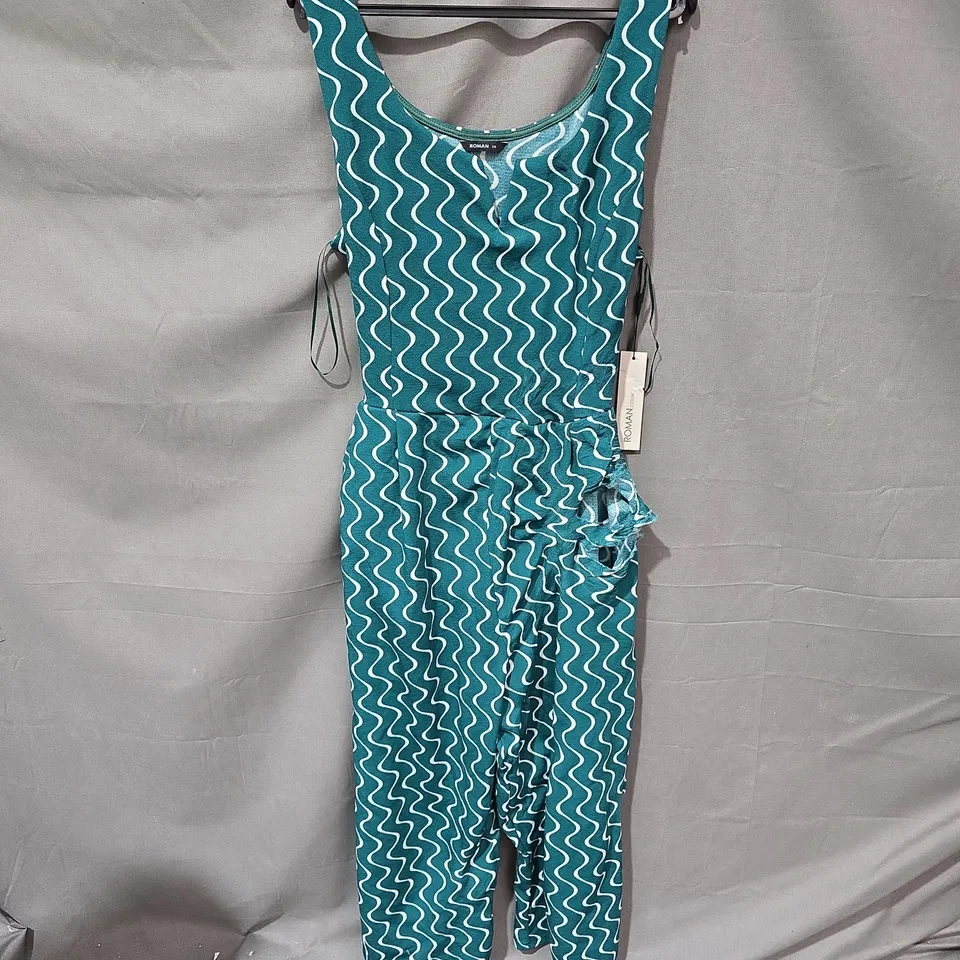 ROMAN BELTED WAVE JUMPSUIT – TEAL/SEA GREEN, UK 20