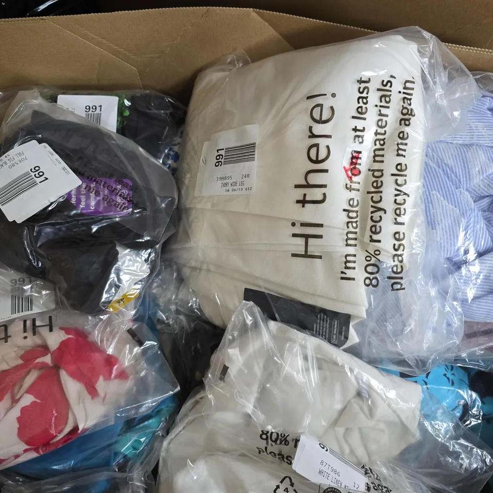 APPROXIMATELY 22 ASSORTED CLOTHING ITEMS IN VARIOUS SIZES, STYLES & SIZES TO INCLUDE MULTI PLERMO SWIMSUIT, IVORY WIDE LEG TROUSERS, FULLL FOG BLACK SHORTS, ETC - COLLECTION ONLY 