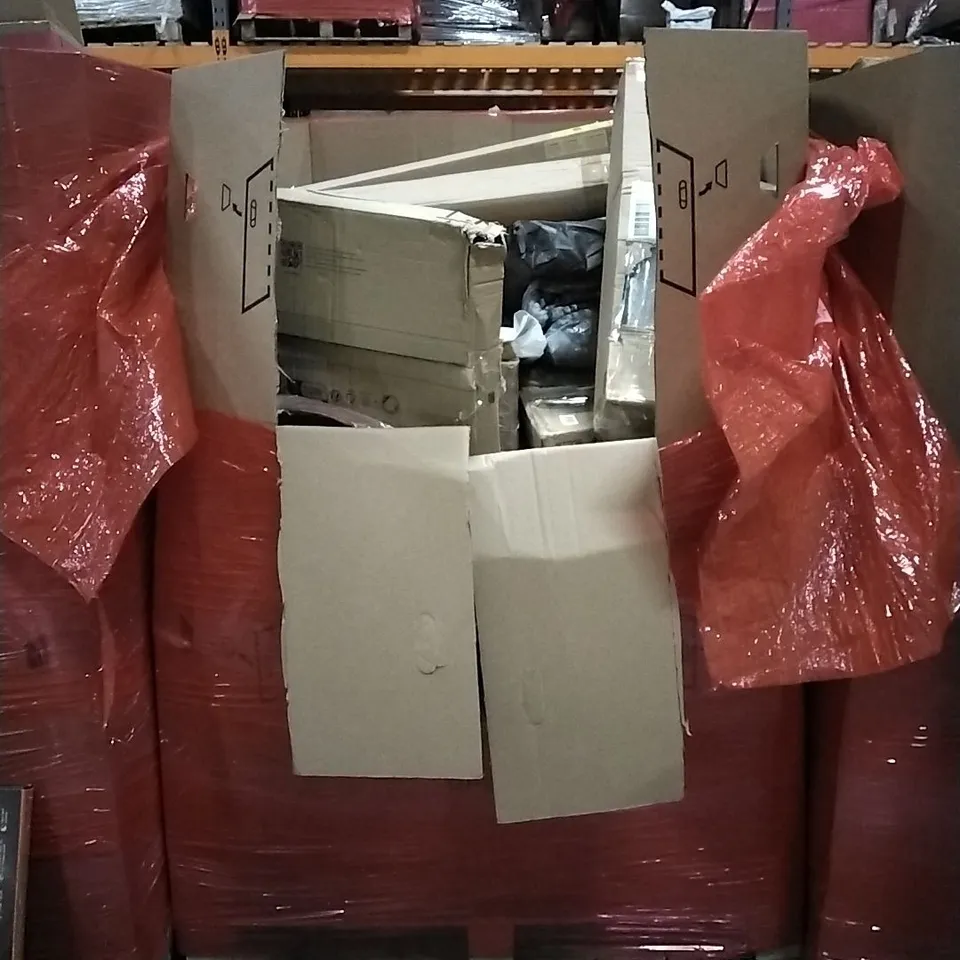 PALLET OF HOUSEHOLD ITEMS TO INCLUDE DRYWALL SANDER, CEILING LIGHT, VIBRATION PLATE AND OTHER ASSORTED ITEMS...