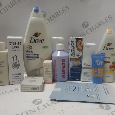 BOX OF APPROX 12 ASSORTED BEAUTY PRODUCTS TO INCLUDE STORIES&INK TATTOO CREAM, DOVE BODY WASH, MISSGUIDED FACE/BODY MIST, ETC