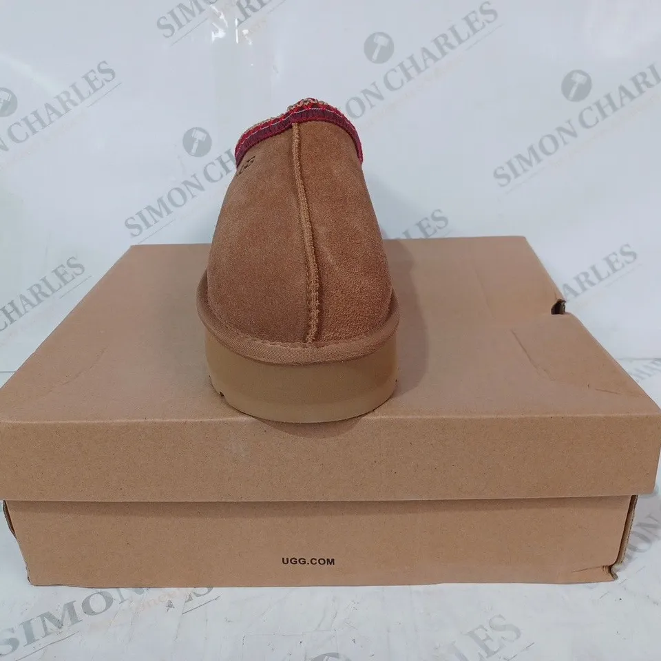 BOXED PAIR OF UGG SLIP-ON PLATFORM SHOES IN TAN UK SIZE 5