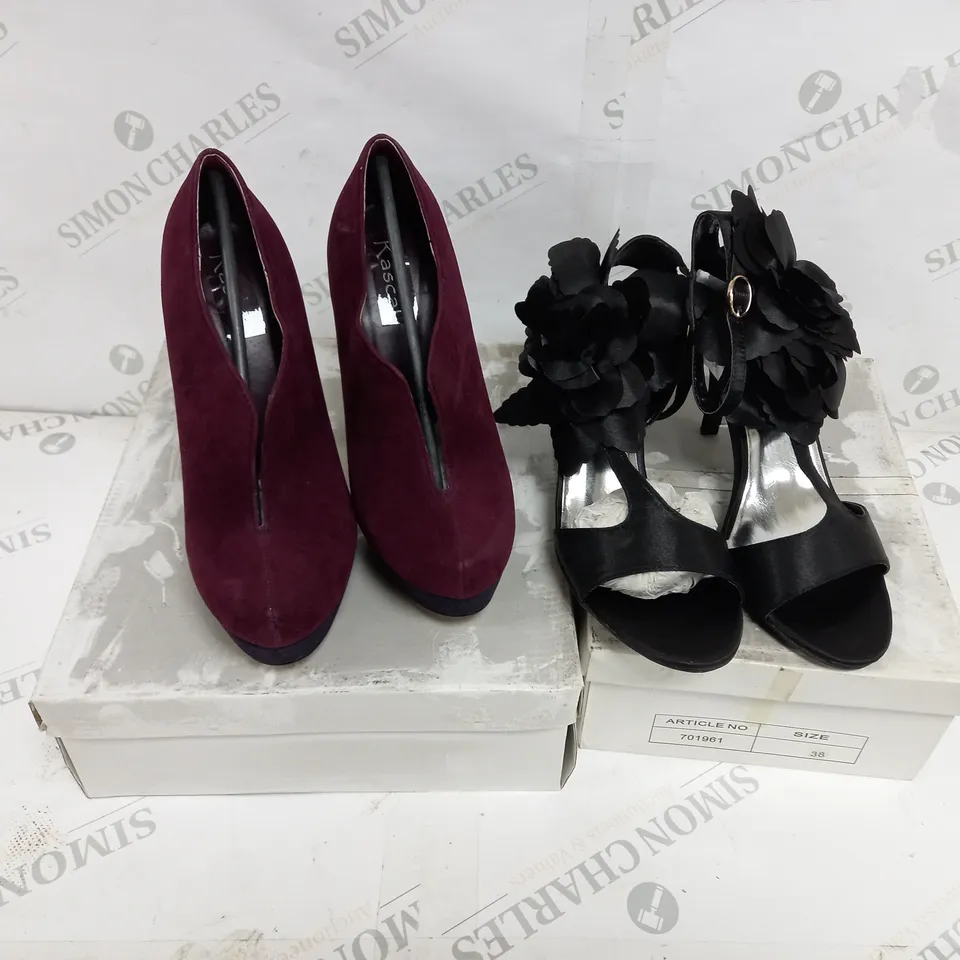 APPROXIMATELY 5 BOXED PAIR OF SHOES TO INCLUDE PASCAL PLATFORM HEELS IN SIZE 4, BLACK HEELED SANDALS IN SIZE 5