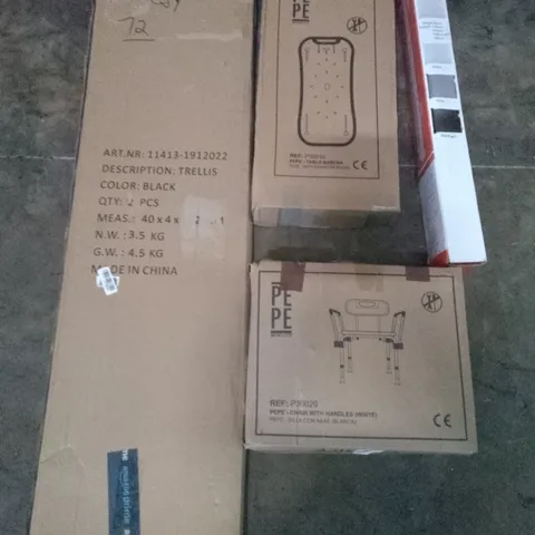 PALLET OF ASSORTED ITEMS INCLUDING PEPE BATH TRANSFER BOARD, RETRACTABLE SAFETY GATE, PEPE CHAIR WITH HANDLES, TRELLIS, EXERCISE BIKE