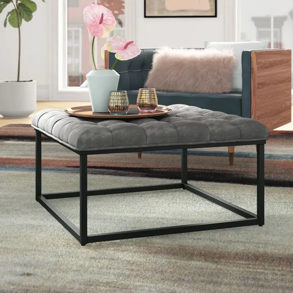 BOXED FALUN VELVET TUFTED OTTOMAN 