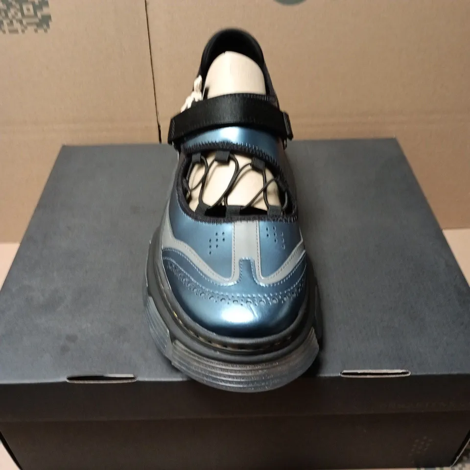 BOXED PAIR OF DR MARTENS MARY JANE LATTICE SHOES IN BLUE SHIMMER & GUNMETAL - UK 9.5
