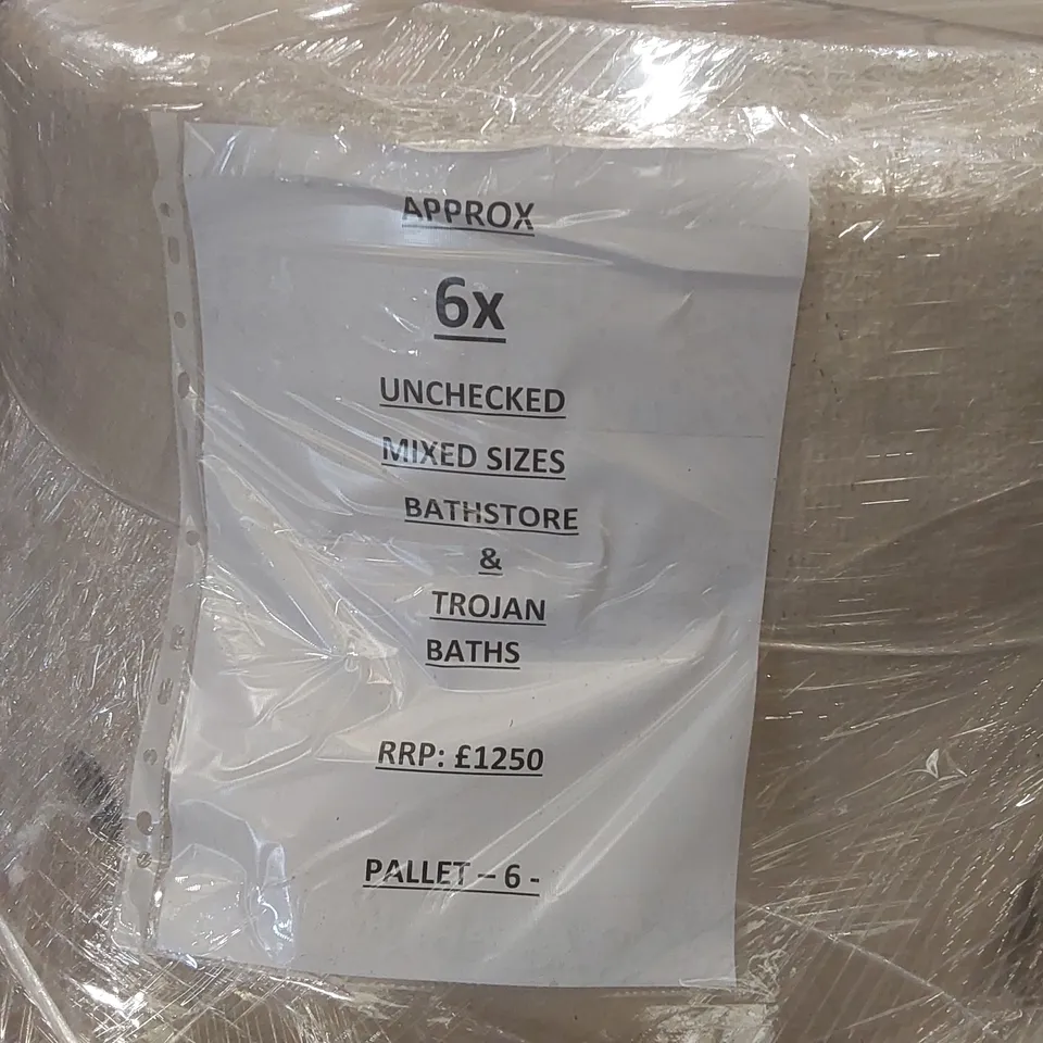 PALLET CONTAINING APPROXIMATELY 6x MIXED BATHSTORE AND TROJAN BATH TUBS