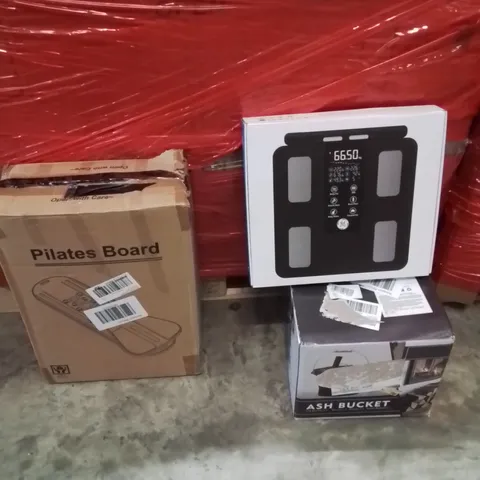 PALLET OF ASSORTED HOUSEHOLD GOODS AND PRODUCTS TO INCLUDE;PILATES BOARD,SCALES,ASH BUCKET 