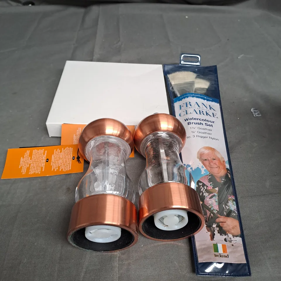 TOTE OF APPROX 20 HOUSEHOLD ITEMS TOO INCLUDE TAPE , KITCHEN APPLIANCES ,  BRUSHES 