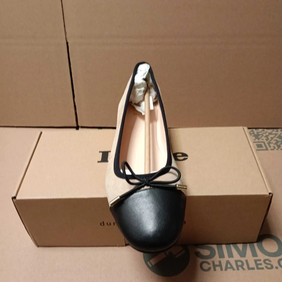 BOXED PAIR OF DUNE CARAMEL SUEDE FLEXIBLE SOLE SLIP ONS - 8